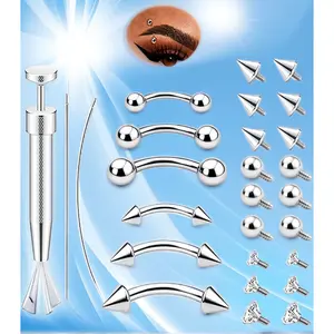 Surgical Steel Curved Barbell Piercing Kit Eyebrow Jewelry Set with Tools CZ Spike Ball Ends Internal Thread 6mm 8mm 10mm Rook Daith Lip Rings