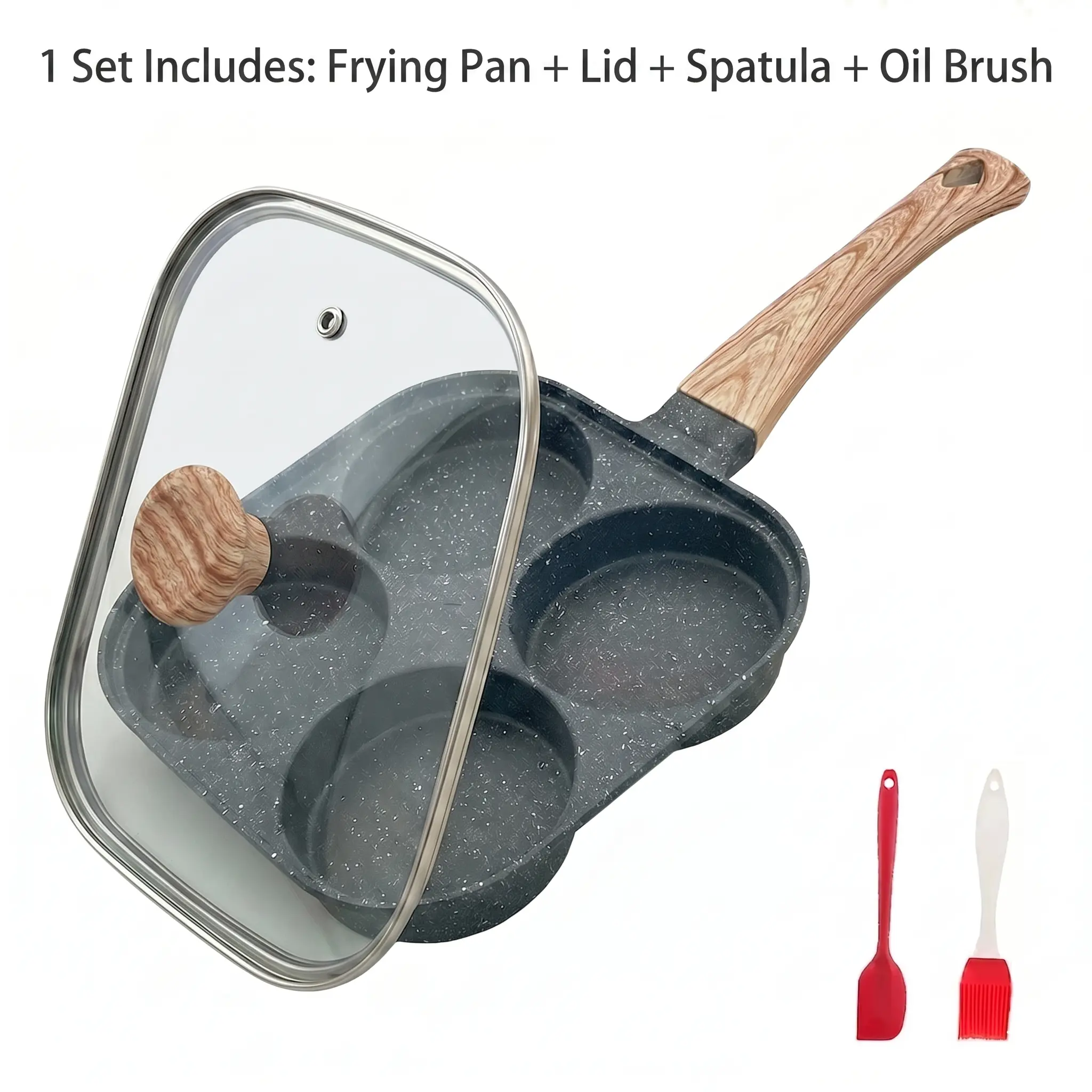 4-Hole Non-Stick Aluminum Maifan Stone Coating Omelette Pan with Glass Lid, Gas/Induction Stovetop Compatible Cookware for Quick Breakfast, Fry 4 Eggs at Once