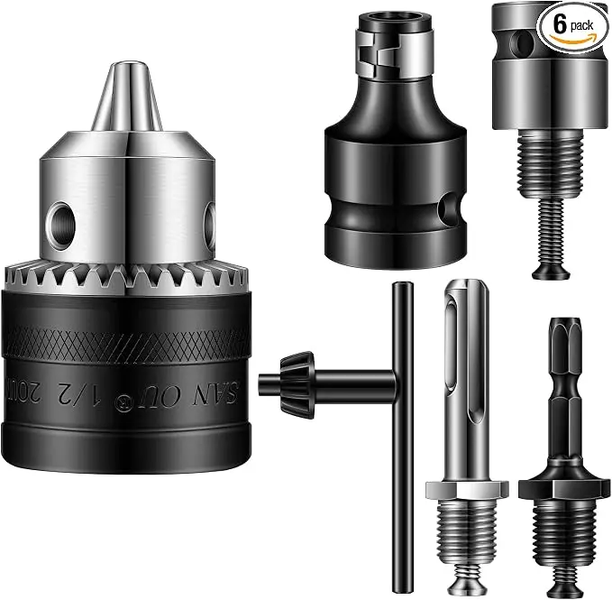 6-Piece 1/2-20UNF Keyed Drill Chuck Set - 1.5-13mm Quick Connect Chuck, Impact Converter, 1/4" Hex/1/2" Square Adapters for Impact Tools, Drilling Jobs, Hex/Square