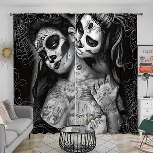 Gothic Skull Couple Pattern Curtain, 2 Counts/set Pole Pockets Door Curtain, Home Decor for Bedroom, Living Room, Study, Bathroom, Kitchen