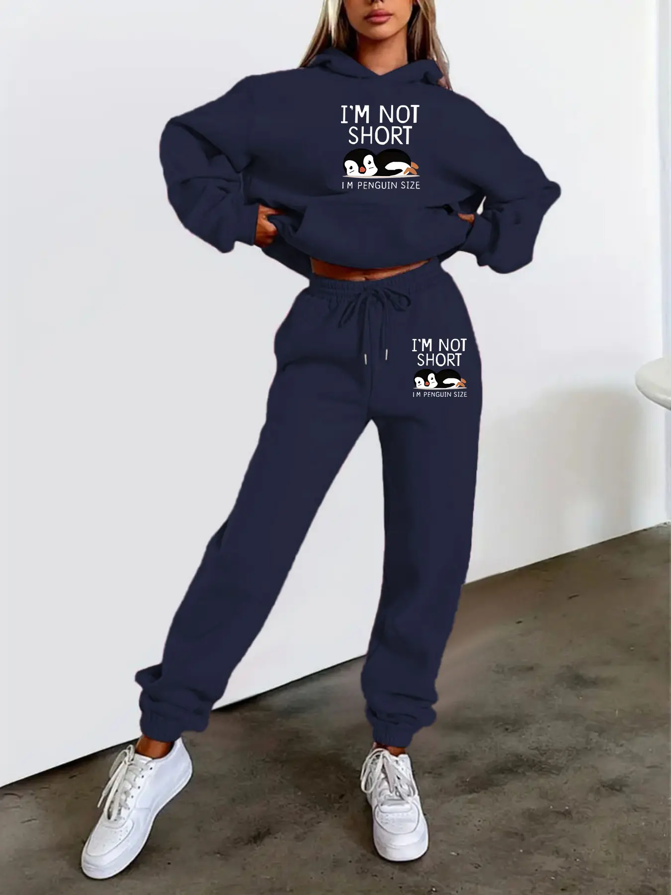 Women's Hooded Sweatshirt Set, Autumn Winter Penguin Letter Print, Casual Cartoon Style, Fitted Moderate Fabric, Daily Wear