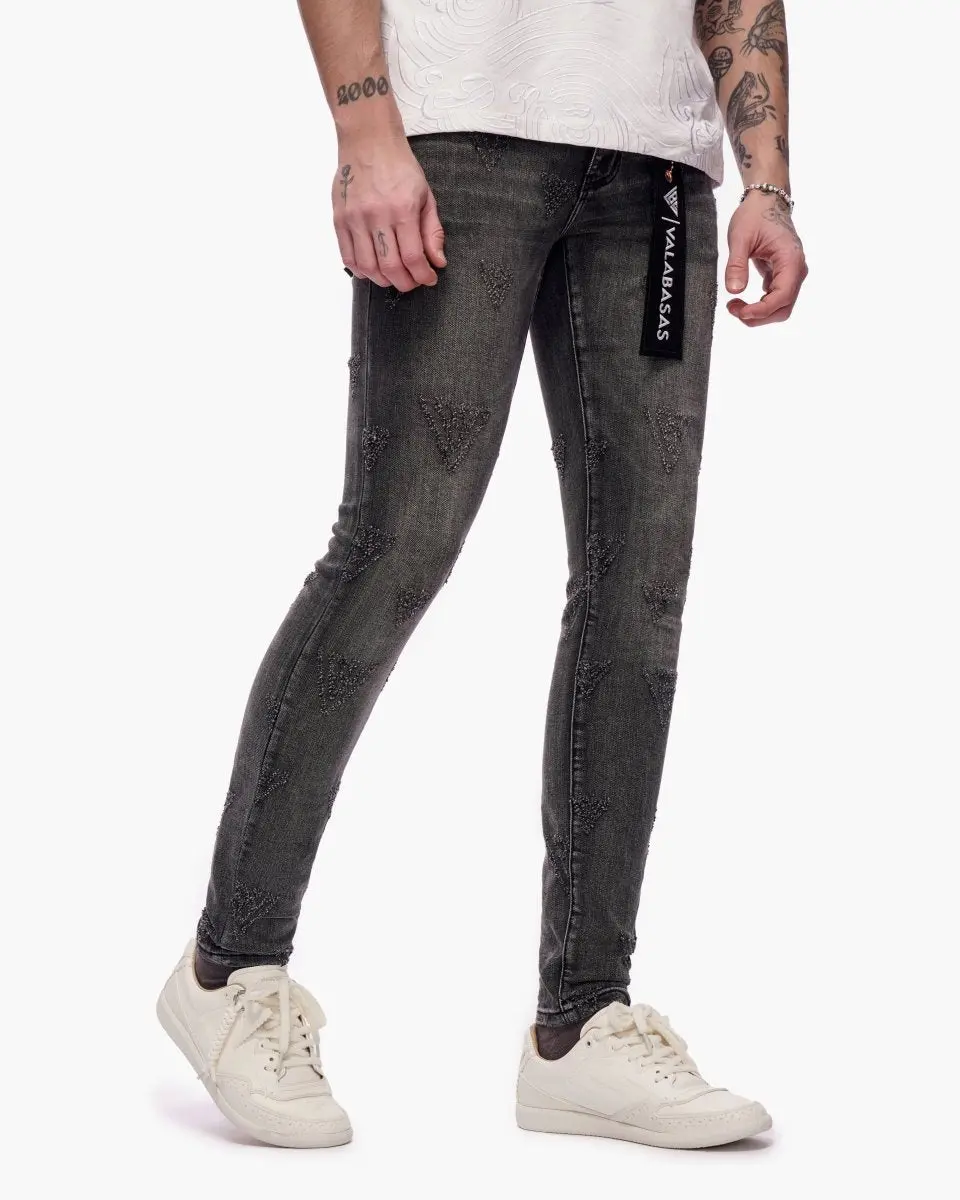 Men's Modern Skinny Jeans in a Soft Vintage Grey Wash, Faded Streetwear Style with a Subtle Tonal Logo Print, Denim, Pants, Stretch, Cold Wash, Skinny Fit, Classic, Retro Style, Logo Detail, Casual, Do Not Bleach, Slim-Fitting, Menswear, Tumble Dry, 00S S