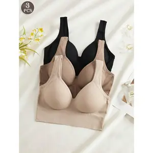 3PCS Solid Color Women's Fixed Cup Simple And Elegant Seamless Backless Underwear, Wireless, Wide Shoulder Padding, One-Piece Cup, Bra, Sports Bra, Underwear