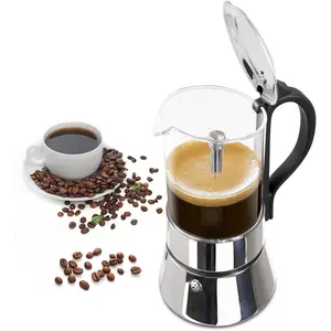 4 Cup Glass Transparent Stovetop Espresso Maker Stainless Steel Moka Pot Stove Top Percolator Italian Coffee Makers Mocha Greca Machine Cafe Classic Induction Cookers for Home and Camping 220ml