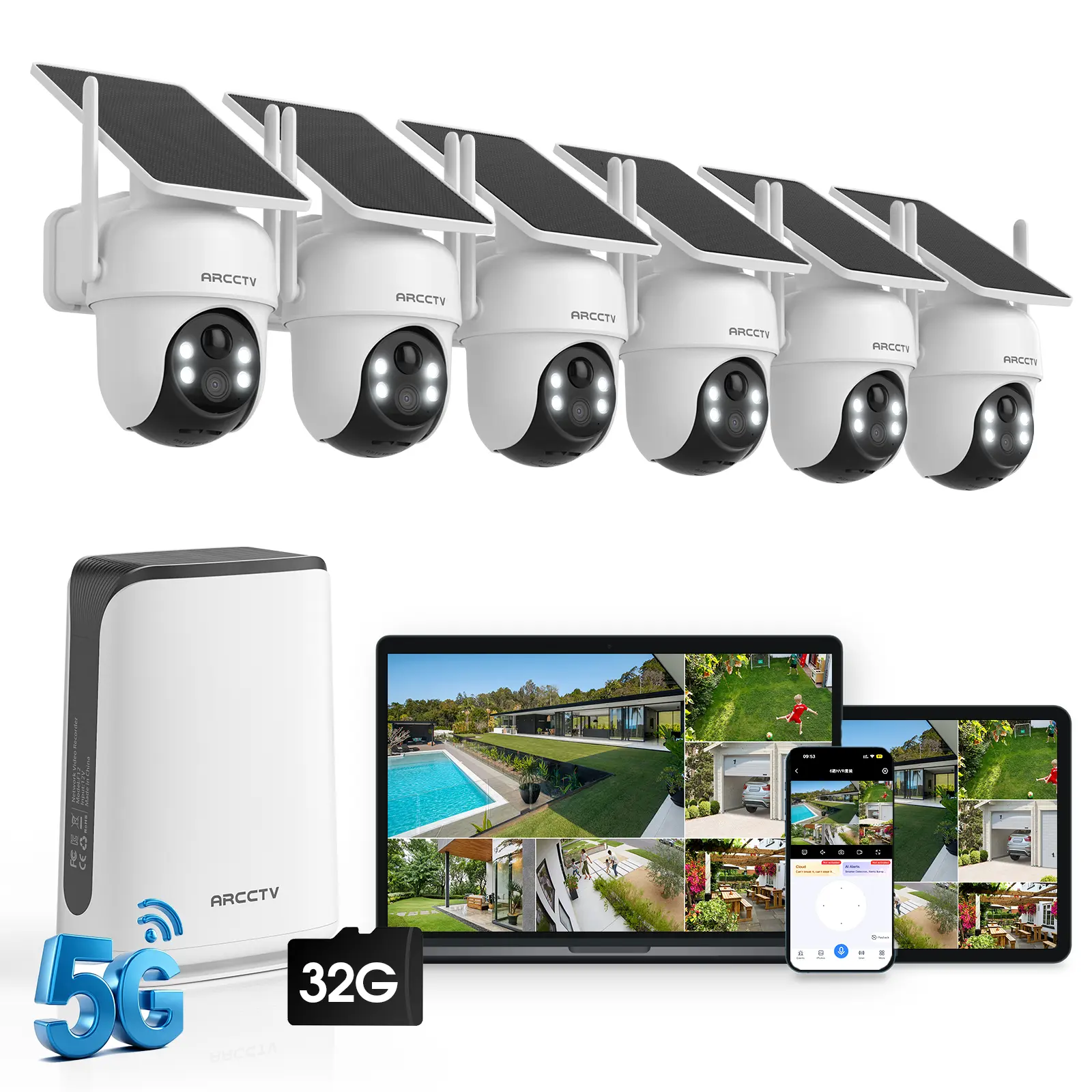 ARCCTV Wireless Solar Security Cameras System,6-Cam-kit with NVR,4MP Color Night Vision, 2-in-1 NVR Base Station,2.4G/5G Dual Band WiFi, 2-Way Audio, IP66 Waterproof