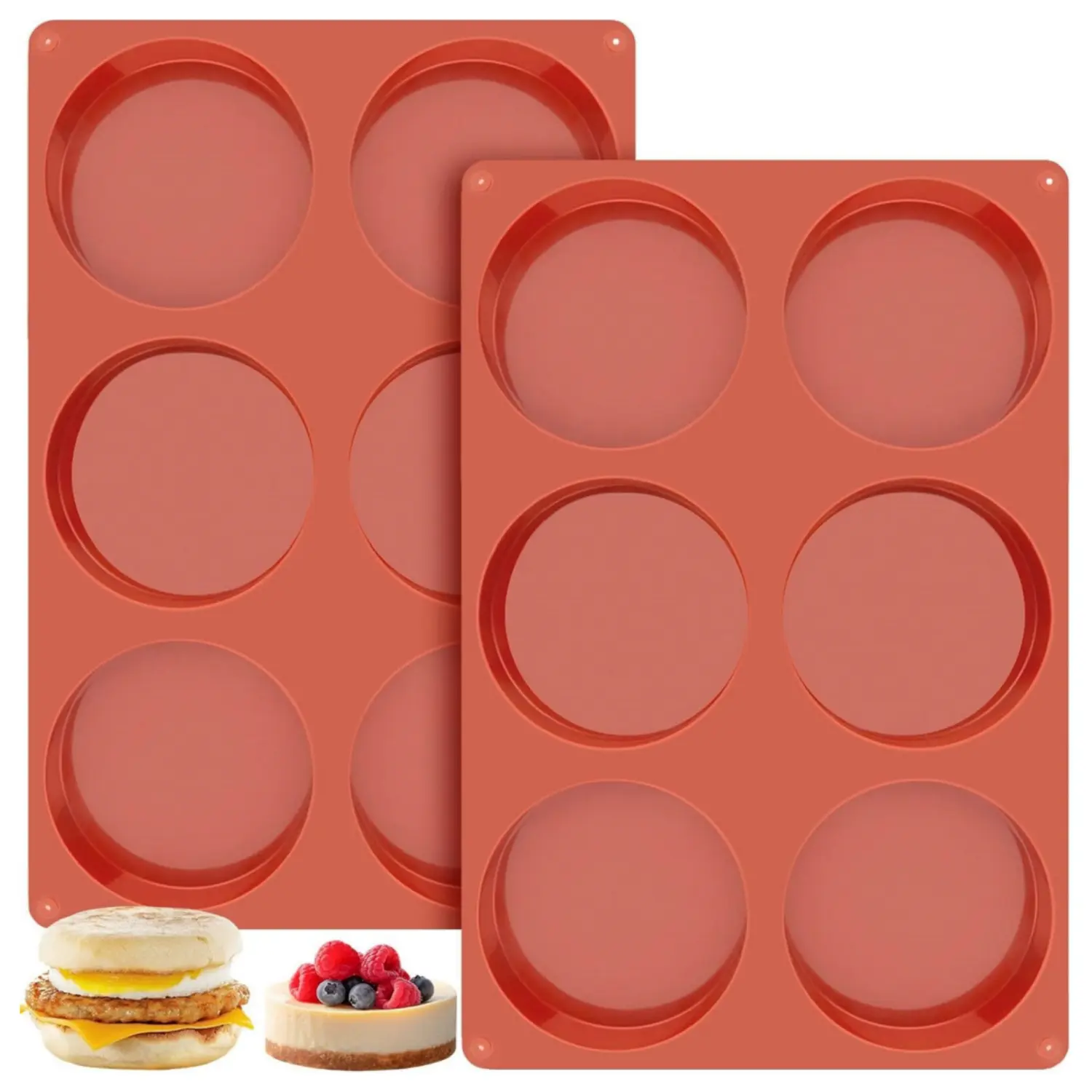 Food Grade 2-Pack Flexible Silicone Egg Molds Trays - 3.9in Diameter, 0.79in Depth, Non-Stick Round Bakeware, Coasters, Large Size, -40 to +446°F for Jumbo Muffin Tops, Hamburger Buns