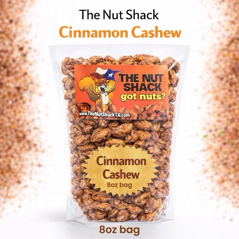 8oz- bag-Cinnamon Sugar Cashews Texas Made Small Batch Roasted Vegan Gluten Free Snack Perfect for Mother’s Day & Father’s Day Gifts - Crunchy Nut Crispy Flavor -8oz bag