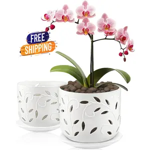 Set of 2 Orchid Pots with Holes & Saucers for Orchid Root Health, 5 inch&6 inch Ceramic Pots for Plants, Effective Drainage and Ventilation