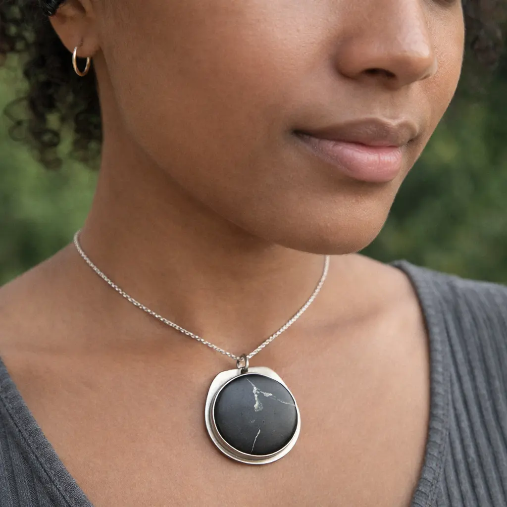 Large Round Shungite Pendant Necklace – Sterling Silver EMF Protection Jewelry