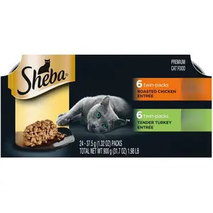 Sheba Perfect Portions Wet Cat Food Cuts in Gravy Variety Pack, Roasted Chicken Entree and Tender Turkey Entree, 2.6 oz. Twin-Pack Trays (12 Count, 24 Servings)
