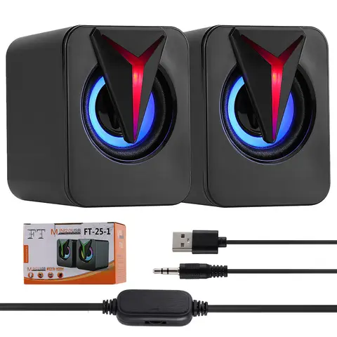 DAZONE 3.5mm Port RGB LED Compact Built-in Lighting Speakers - Mini USB Wired Stereo Computer Lights, Desk Space Saver, Plug-N-Play, Volume Control for Laptop, Desktop (Boosts Music Vibes)