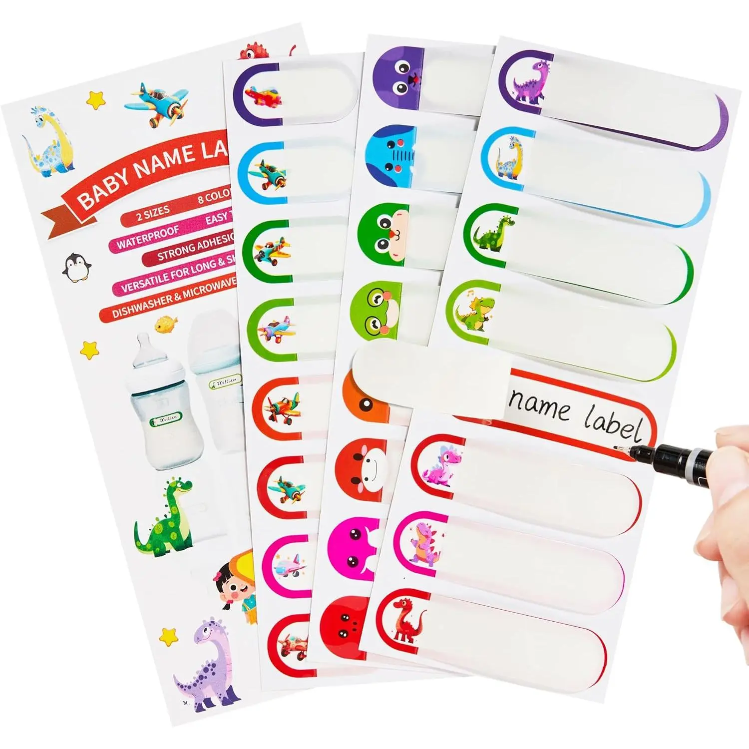 Name Tag Stickers for , Self-Laminating, Write-On   Bottle Labels, Dishwasher Safe,  Labels, Assorted Sizes & Colors, Pack of 64