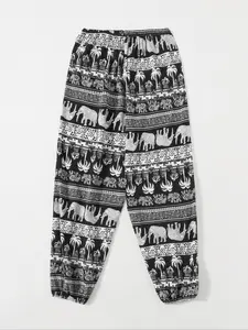 Women's Elephants Ethnic Pattern Elastic Waist Pajama Pants, Boho Casual Comfy Loungewear Pants for Daily Outdoor Wear, Fashion PJ Homewear, Women Sleep Bottoms for Summer Spring Fall