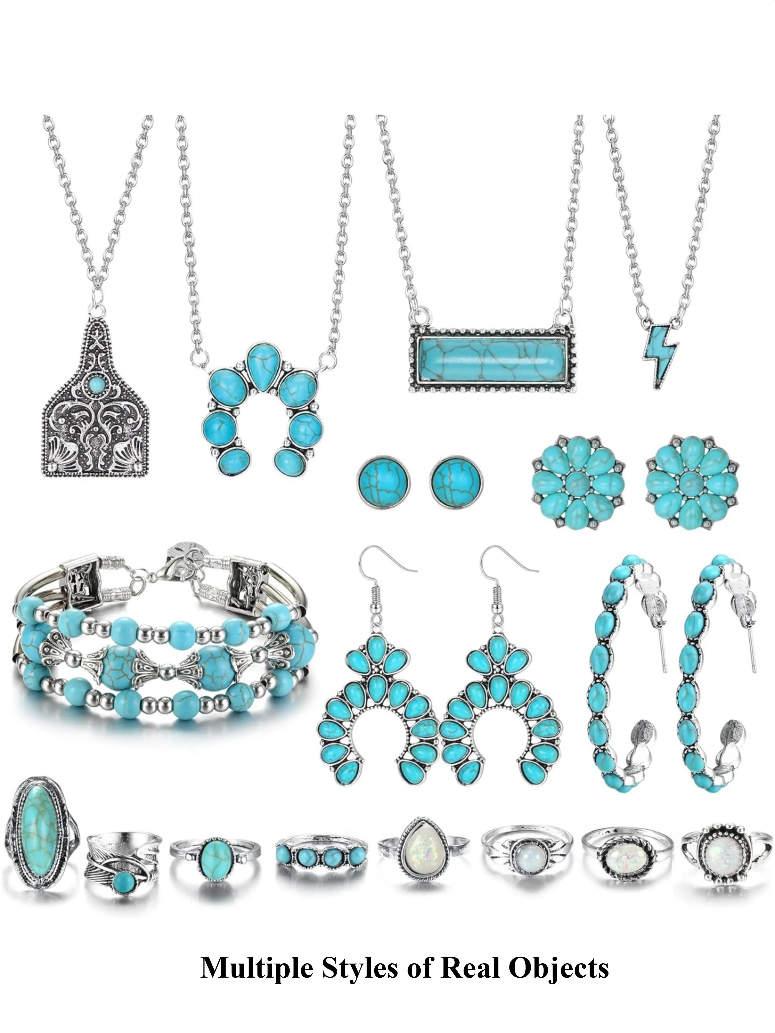 Boho Style Turquoise Jewelry Set, Necklace, Bracelet, Earrings & Rings, Trendy Fashion Jewelry for Party & Daily Wear, Exquisite Birthday Gift