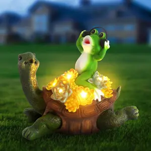 Solar Garden Outdoor Statues Turtle with Succulent Frog Listening Music Lawn Ornaments Garden Decor Figurine for Patio Balcony Yard Unique Housewarming Gifts Solar Powered Night Lighting
