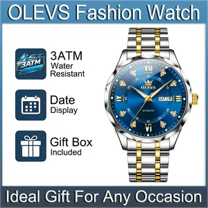 OLEVS 6727 Men's Automatic Mechanical Watch, 42mm Blue Rhinestone Roman Dial with Day & Date Display, Luminous Water Resistant Business Stainless Steel Dress Wristwatch