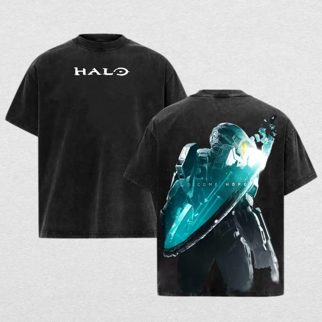 Halo Master Chief Become Hope Vintage Wash Graphic T-Shirt Heavyweight Cotton Streetwear Oversized Gaming Tee for Men and Women Xbox Fan Gift High-Quality Distressed Wash Shirt