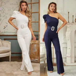 ONE SHOULDER DENIM STRETCH JUMPSUIT - JEWEL BUCKLE BELT DETAIL, ZIPPER IN THE BACK