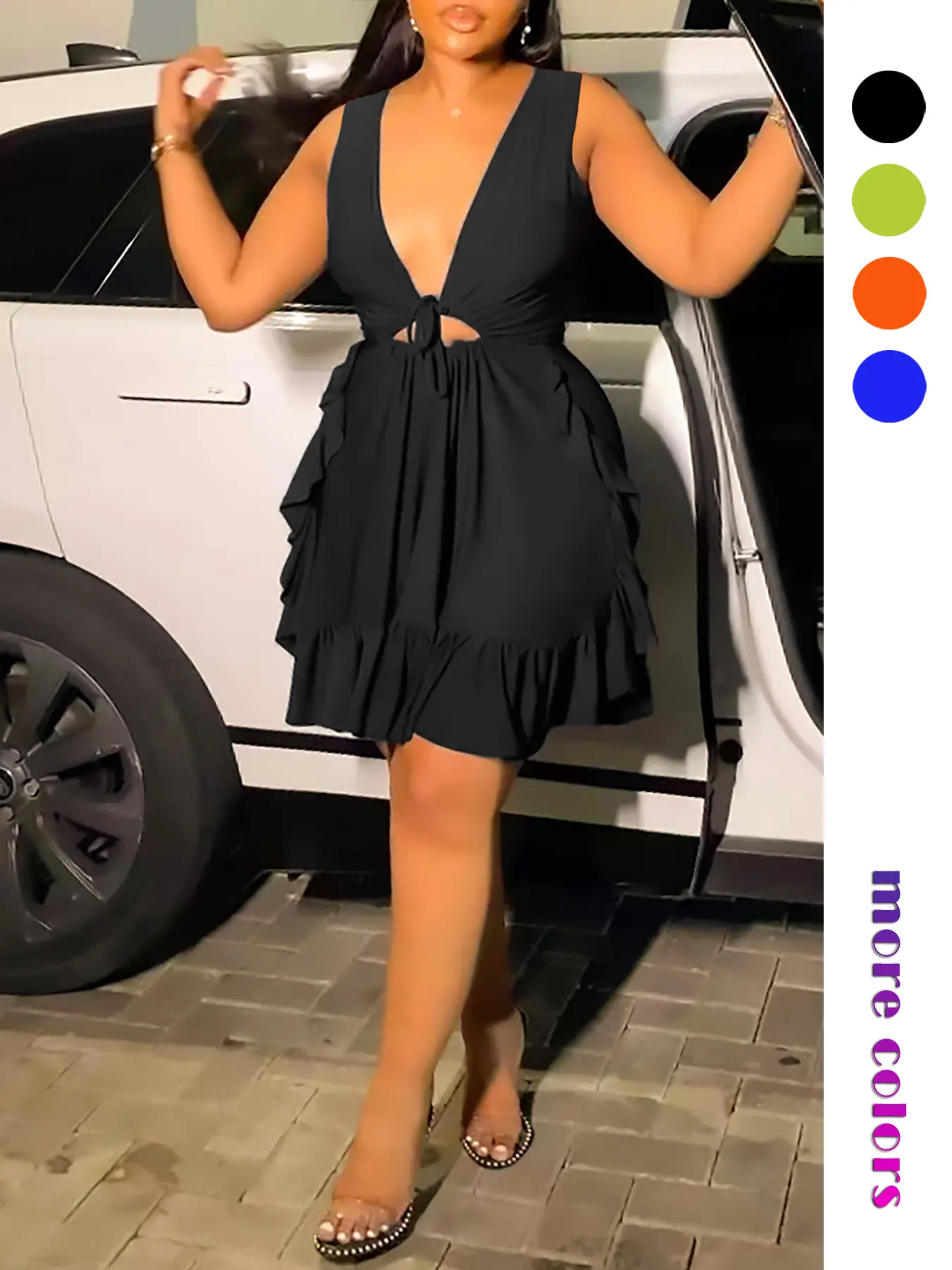 Women's Plain Cut-Out Ruffle Hem Tie Front Tank Dress, Elegant Deep V-Neck Sleeveless A-Line Short Dress for Party Holiday Wedding Guest, Garden Formal Dresses for Wedding Guest, Formal Dresses for Women, Ladies Clothes for All Seasons