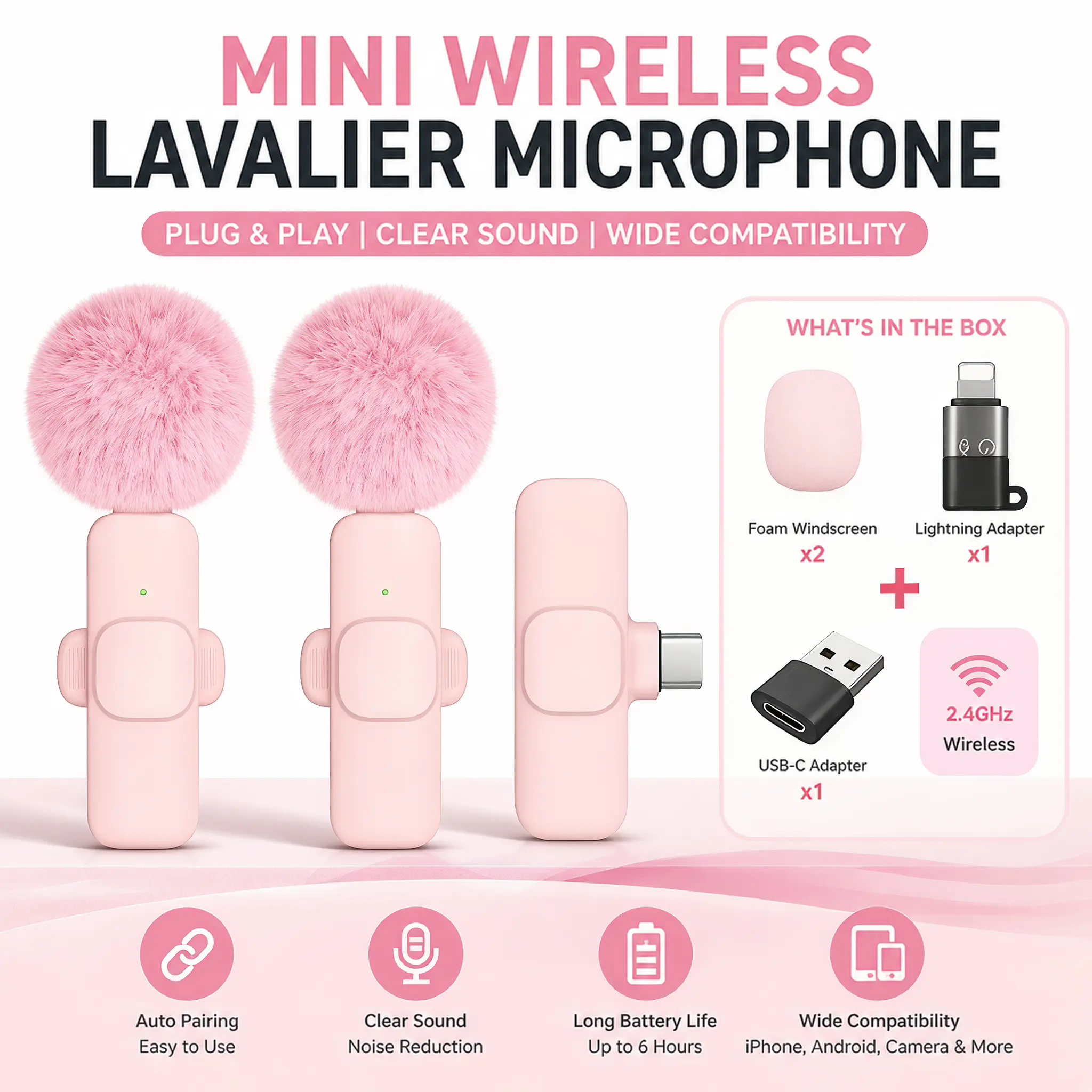 2-Pack Pink Wireless Mini Clip-On Lavalier Mic Set - Lightning Interface, Mic Noise Cancelling, Stereo, Bluetooth Link, Hands-Free Recording, Compatible with iPhone/Android, PC, Vlogging Equipment