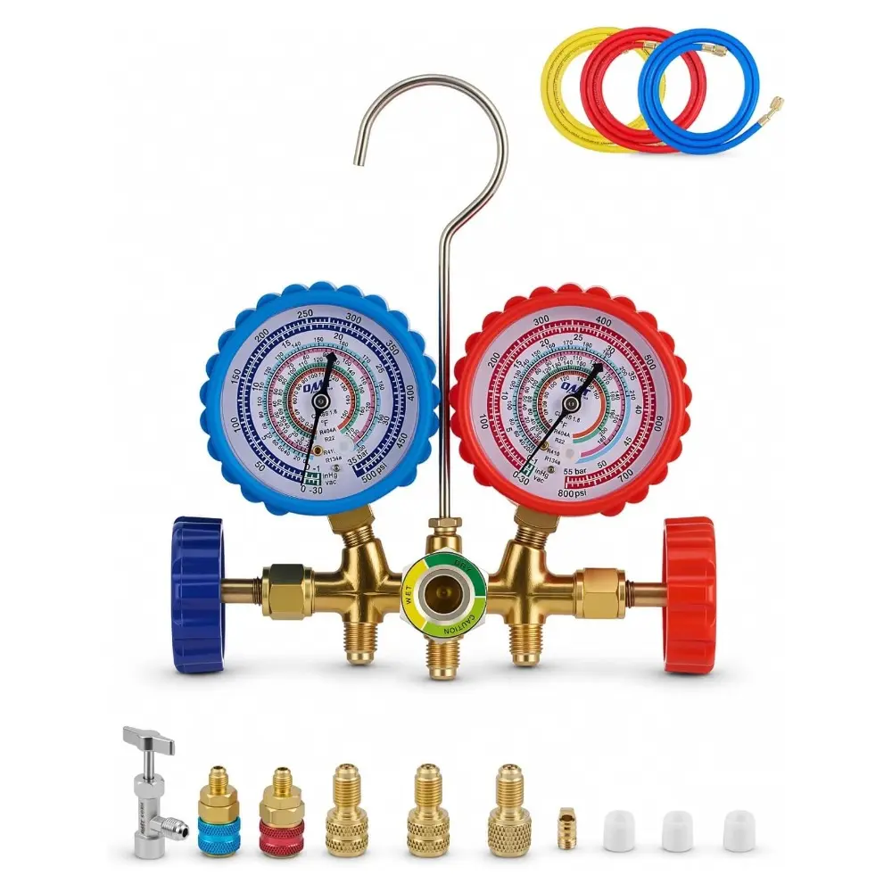 Orion Motor Tech AC Gauge Set, 3-Way AC Manifold Gauge Set for R134a R410A R404A R22 Refrigerant with 5ft Hoses, Automotive A/C Gauge with R134a Couplers Self-Sealing Can Tap R410A Adapter 29° Adapter