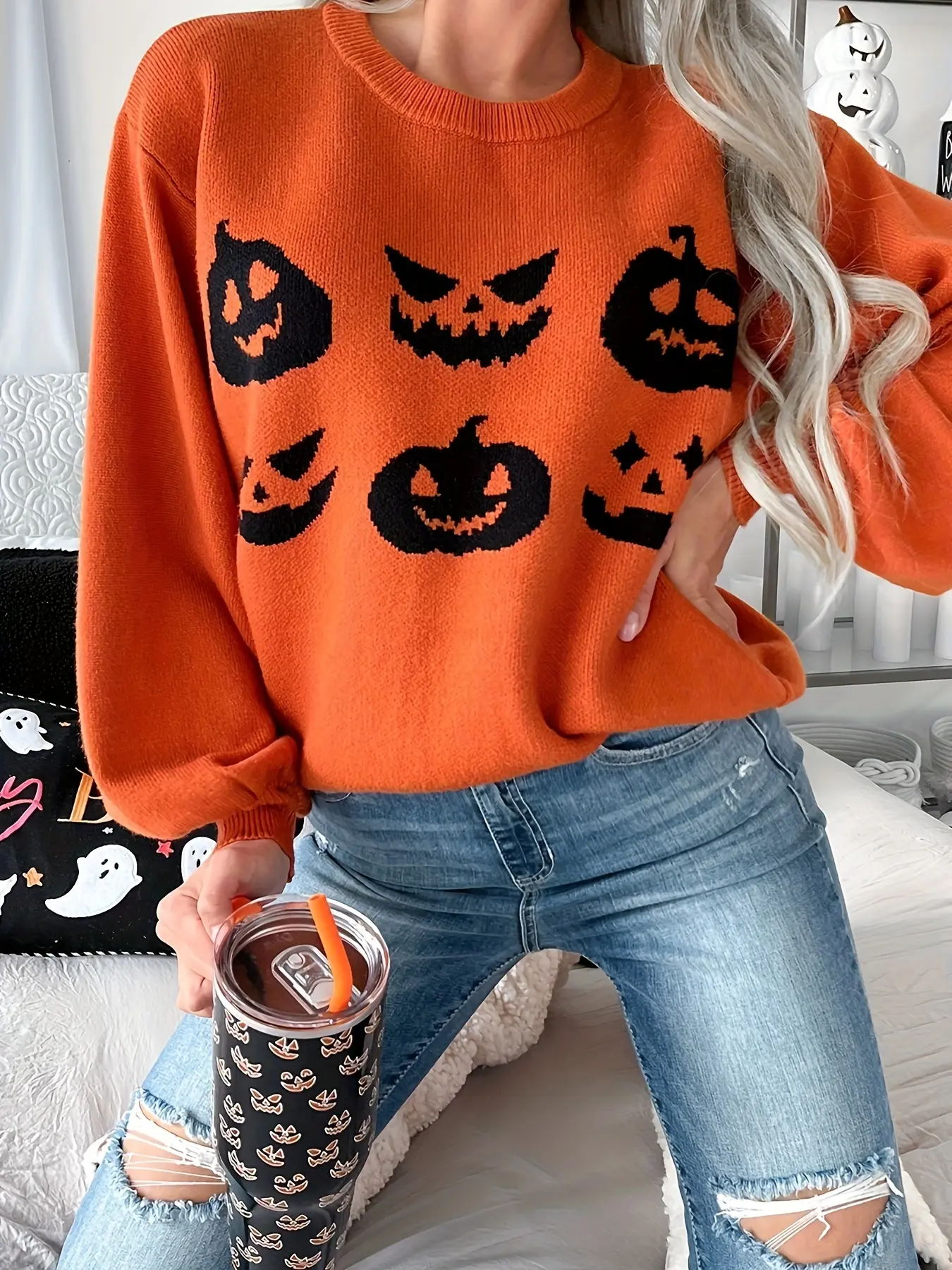 Autumn Winter Long Sleeve Warm Knit Sweater, Funny Pumpkin Ghost Face Pattern, Fun Retro Style, Cozy Pullover for Women & Men