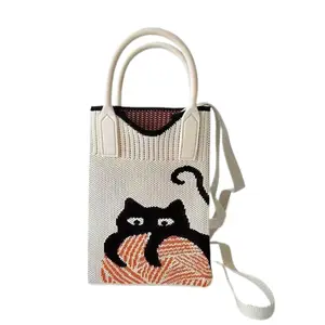 Cute Cat Phone Crossbody Bag for Women Little Crochet Pouch Tote Handbag with Heart Pattern Crossbody Style Tote Handbag for Everyday Use