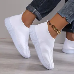 Women's Lightweight Slip-On Sneakers - Breathable Knit Fabric, Soft EVA Sole, Comfortable Casual Shoes For All Seasons, Black, Everyday Sneakers |     Slipon Footwear |     Flexible Shoes Girl Ballroom White