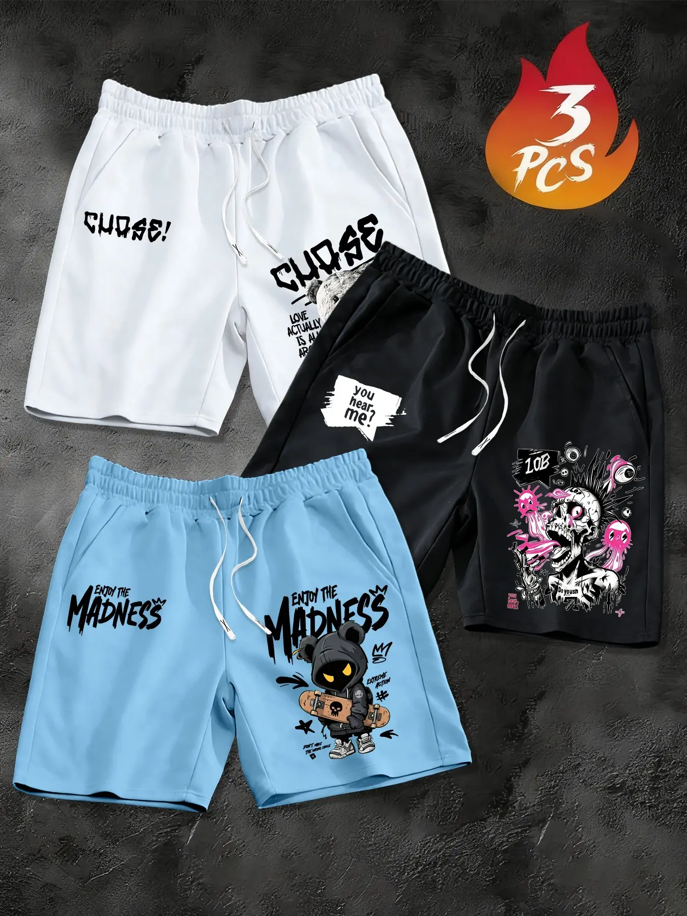Men's Summer 3-Piece Set, Summer Casual Design, Street Style Casual Cartoon Graffiti Print Shorts, Elastic Waistband, Adjustable Fit, Loose Straight Leg, Sports & Daily Use, Athletic Shorts Set