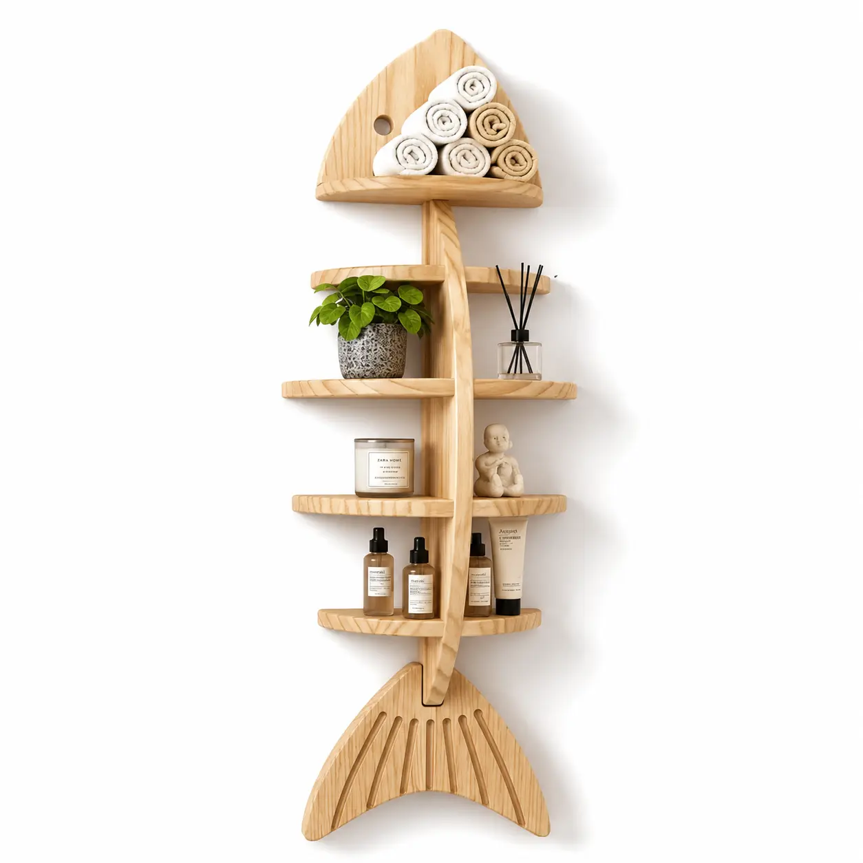 Minimalist Decorative Fish Skeleton Wooden Floating Shelf - Wall-Mounted Multi-Layer Bathroom Storage Rack for Towels, Skincare, Home Decor - Space-Saving Organizer for Small Spaces, Shelves