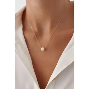 Single Pearl Necklace – 18K Gold-Plated Sterling Silver Simple Pearl Pendant Necklace