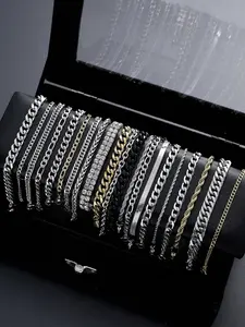 6/7 Piece Casual Fashion Men's Bracelet Set with Beaded Cross Stainless Steel Wrist Cuban Chains, Perfect Gift for Dates & Special Occasions Stackable Bracelets