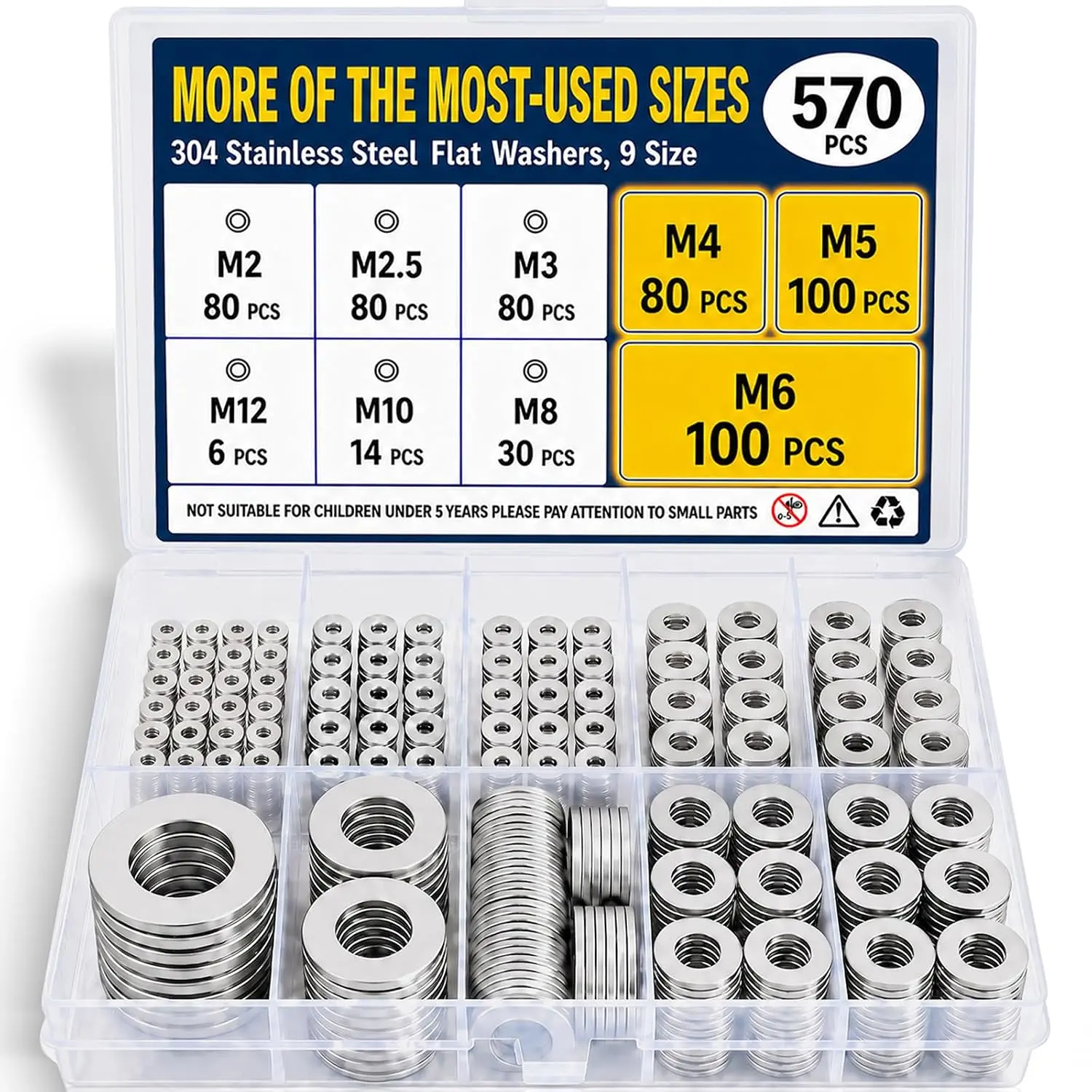 570PCS Flat Washers for Screws, 304 Stainless Steel Washers Assortment Organized Storage Case, Metric M2-M12 Washer Set, More of the Most-Used Sizes M4 M5 M6 M8, DIY & Home Repairs