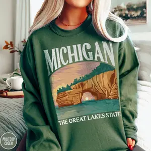 [SALE 50% FOR A LIMITED TIME + FREE SHIP ] Michigan Great Lakes Sweatshirt Midwest Pride Crewneck Michigan Lover Gift for Michigander Michigan Sweater for Outdoor Lover Michigan Trip