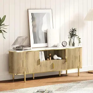 Luxury 70in Fluted TV Stand  Modern Chic Entertainment Center for TVs Up to 80 inches TV Console with Faux Marble Top Curved Profile Design  Media Console for Living Room Natural Oak