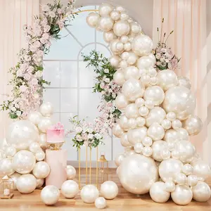 Pearl White Double Stuffed Balloon Arch Kit - 83 Pcs Double Layer Pearl White Balloons (18",12",10",5") With Pearl Stickers, Dot Tape, Chains & Ribbon For Wedding, Baby Shower, Party Decorations