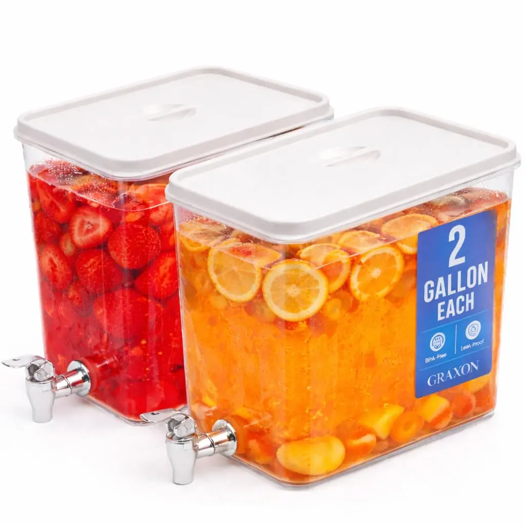 2-Pack Plastic Water Jugs Fridge Beverage Dispenser Set - 2Gal Stackable Leak-Proof Cube with Spigot, Ideal for Juice, Soda Serving, Perfect for Parties & Refrigerator Organization