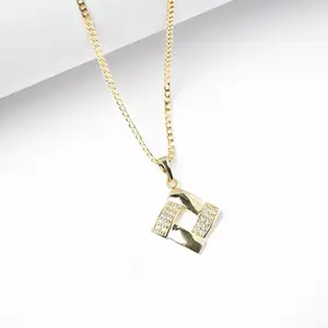 14K Gold Plated Geometric Square Pendant Necklace – CZ Accent – 2mm Chain