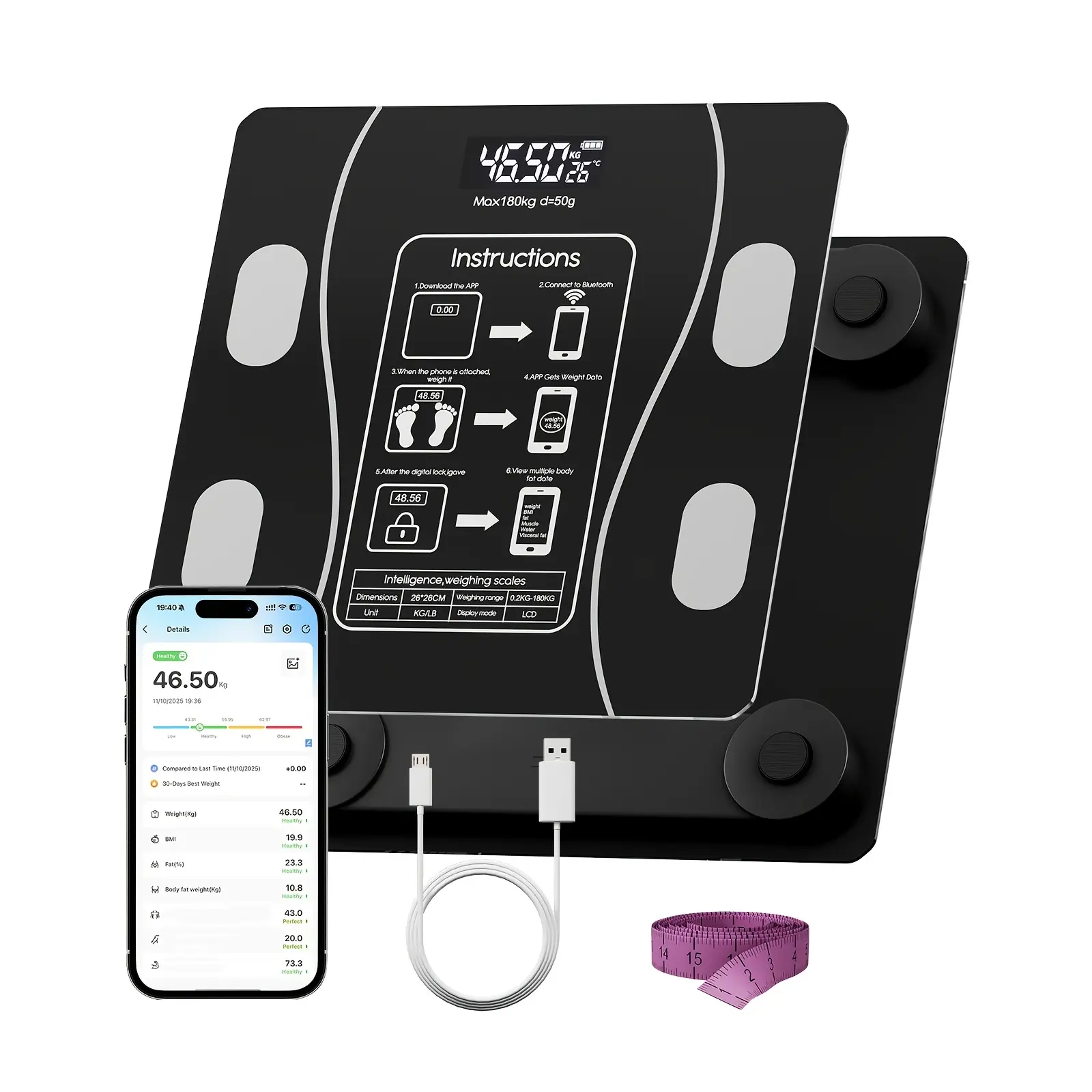 Smart Weighing Scale - High-Accuracy Electronic Scale with 12 Metrics, Measuring Tape, 0.4-396.8lbs Range, 3 Units (kg/lb/st), Wide Platform, LCD Display for Family Use