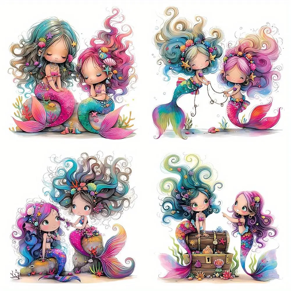 Mermaid Pattern Heat Transfer Sticker, 4 Counts/set Colorful Cartoon Anime Designs for DIY T-shirts, Backpacks & More, DIY Clothing Decals, Handcraft, Diy Craft Supplies