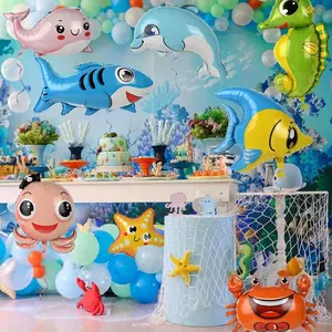 9PCS Cute Sea Animal Balloons Octopus Shark Fish Dolphin Hippocampus Crab Scallops Foil Balloons for Sea Underwater Animals Theme Aluminium Colorful Door Photo Props Decor