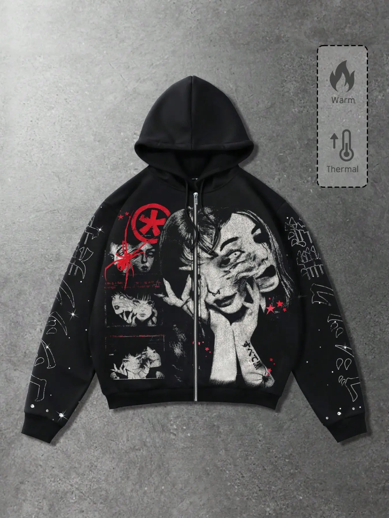American Dark Subculture Hoodie, Full Zipper, Block, Spider Element, Japanese Text, Star Print, Warm, Loose Fit, Unisex, Fashion Hoodies