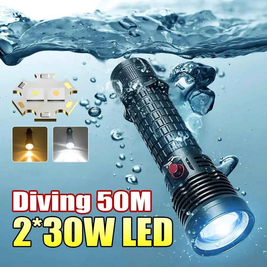 Powerful Diving Flashlight, Diving for 50 Meters, Double Wick White and Yellow Light, Bright Underwater Searchlight, Waterproof and Durable Underwater Lantern, Underwater Lighting