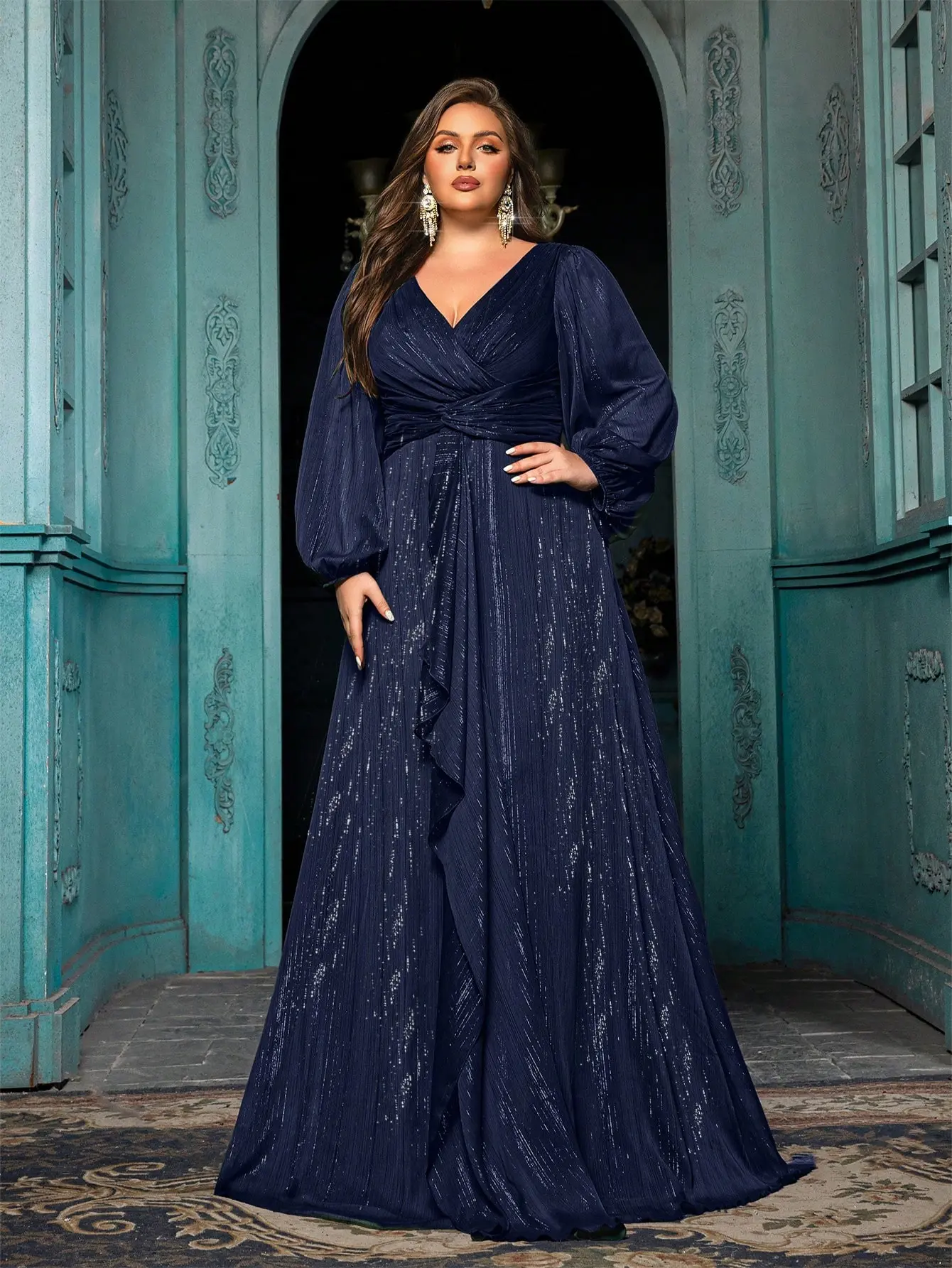 Women's Plus Size Navy Blue Shimmer Formal Evening Gown - V-Neck, Long Bishop Sleeve, Maxi Dress for Wedding Guest, Prom, Banquet