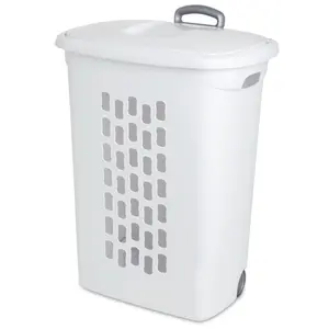 Sterilite Laundry Hamper Flip Top Lid Retractable Pull Handle Wheels