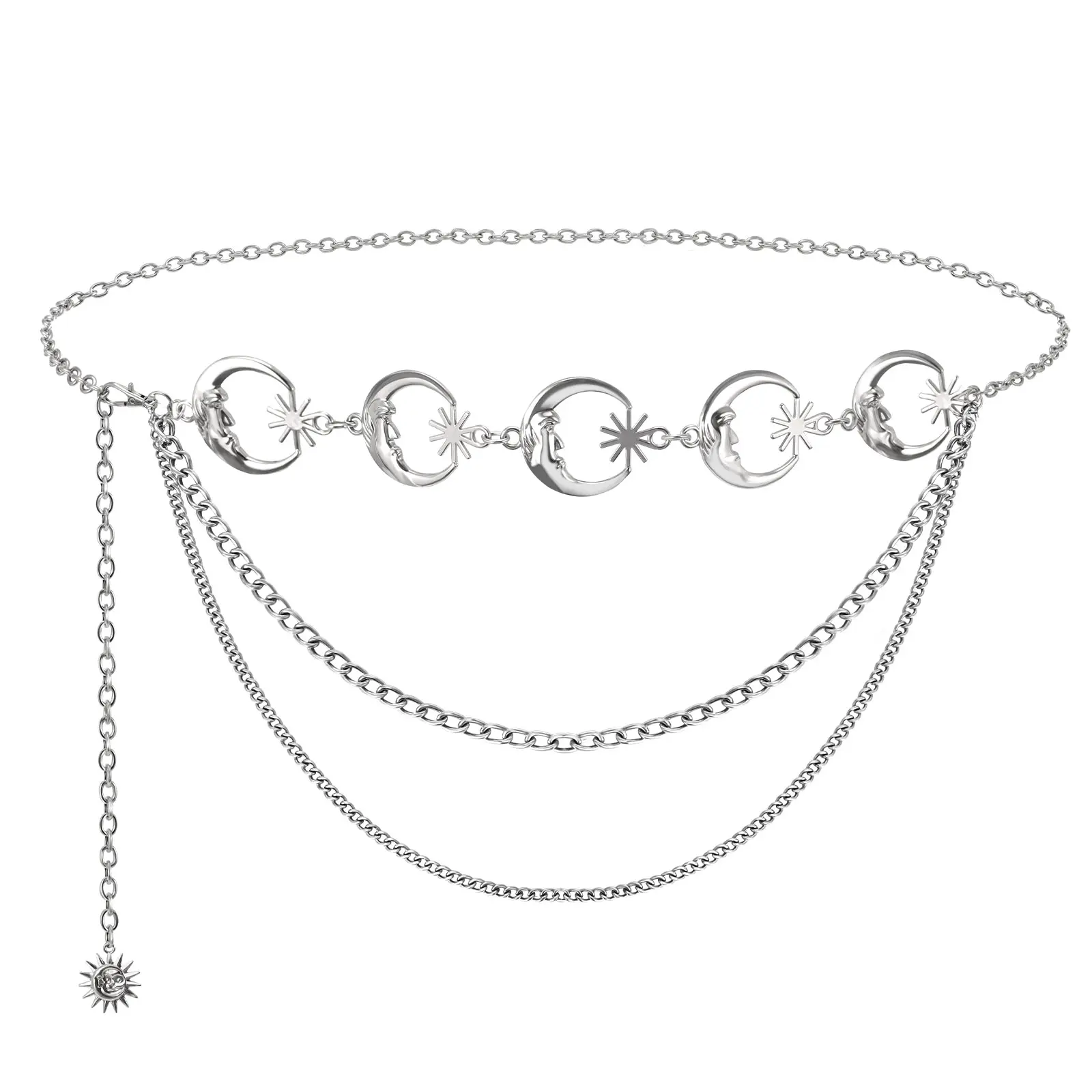 Metal Gold/Silver Chain Belt for Women Dress Jeans Moon Sun Waist Chain Adjustable for Plus Size