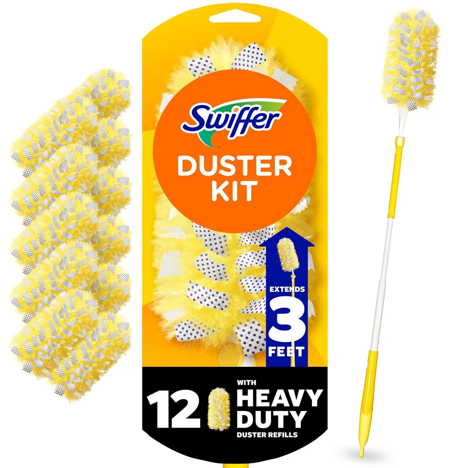 Swiffer Duster Kit with 3 ft Extendable Handle, Dusters for Cleaning, Set Includes 1 Extension Pole and 12 Heavy Duty Dusting Refills Dust Cleaner, Long Extended Wand for Ceiling Fans and Walls – 13 Piece Set