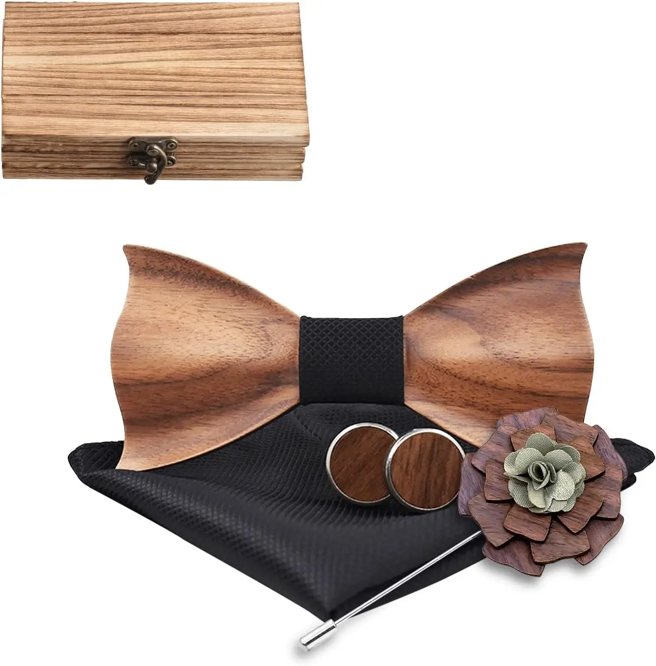 Mens Wooden Bow Tie Set, 3D Design Wood Bow Tie with Cuff links & Lapel Flower & Pocket Square
