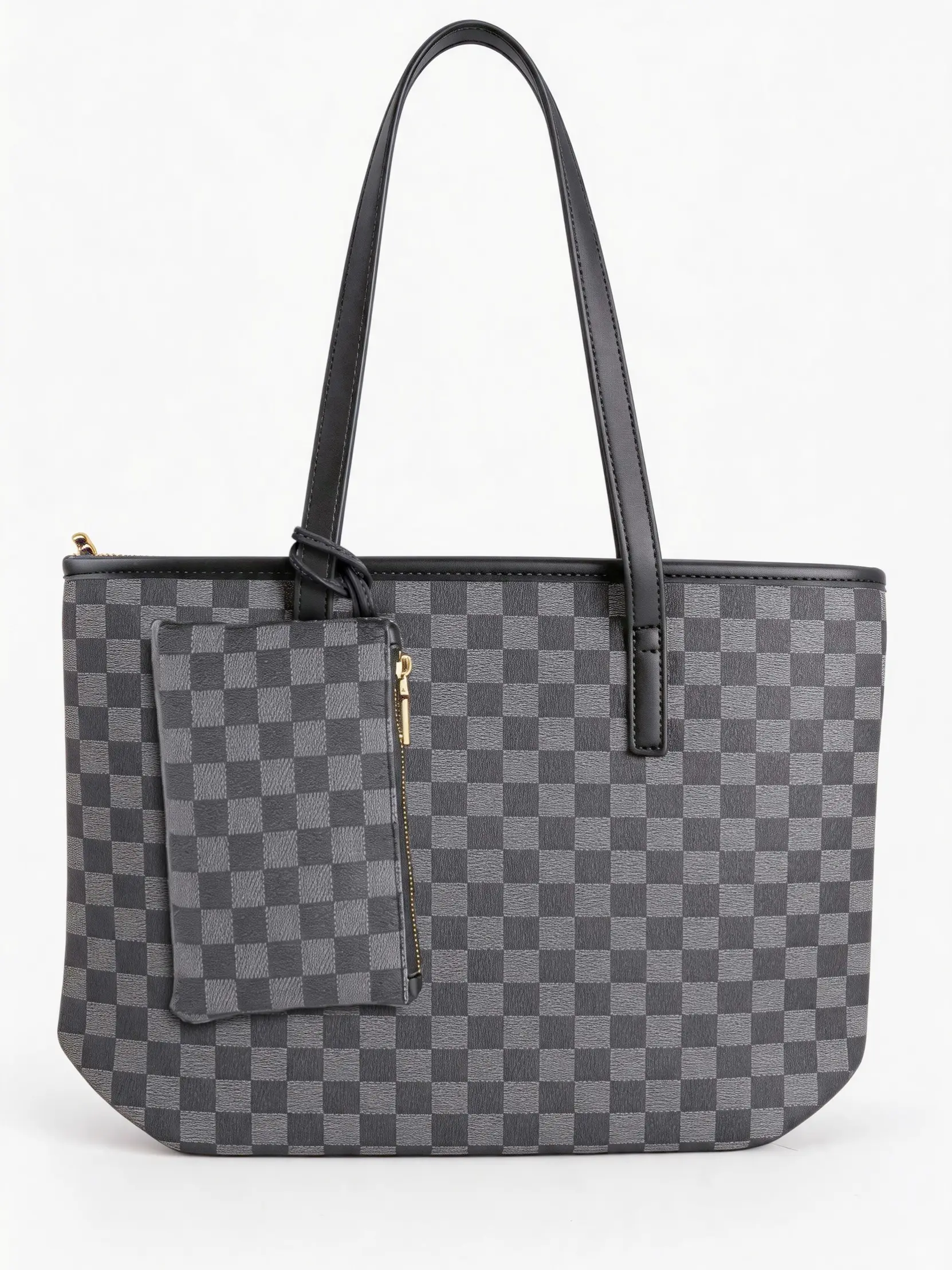 Checkered Letter Tote Bag, Large Capacity Design, Commute Work, Daily Commuter Tote, Student School, College Tote Bag, Short Trip, Versatile Shoulder Handbag, Checkerboard Tote Bag, PU Tote Bag