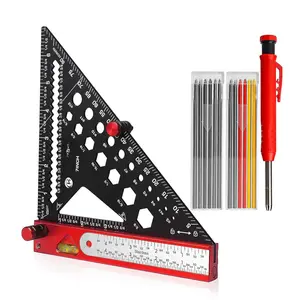 8 in 1 Rafter Square with Carpenter Pencil, Multi-Purpose Carpenter Square Tools: Square, Protractor, Steel Ruler, MarkingGauge, T-Bevel Gauge, Bubble Level